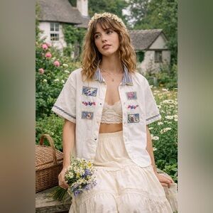 Vintage Napa Valley Embroidered Button Up Shirt XL White Floral Patchwork Retro